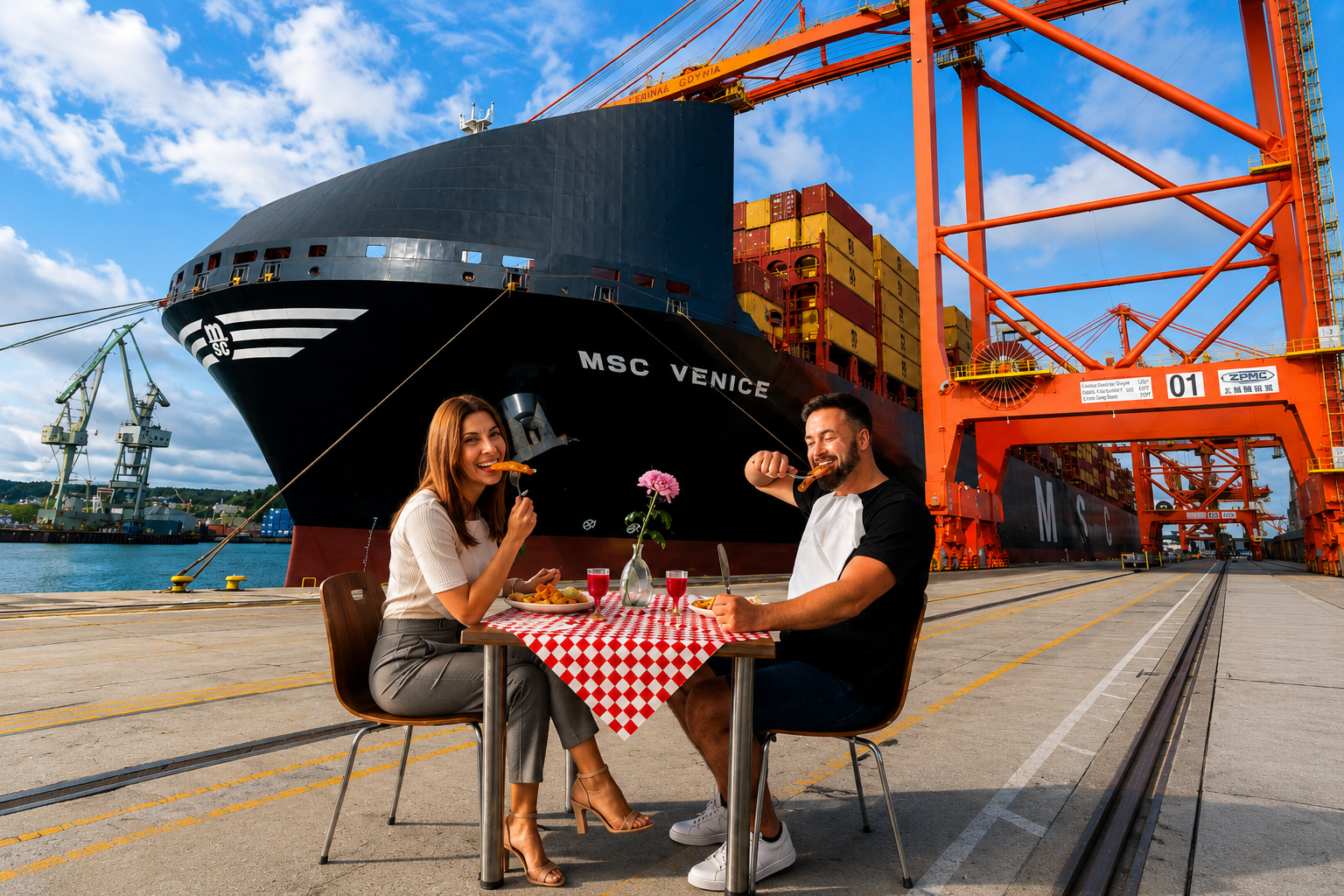 Obiady dla pracowników port gdynia msc venice Obiady dla pracowników w porcie gdynia para przy stole na tle kontenerowca msc venice