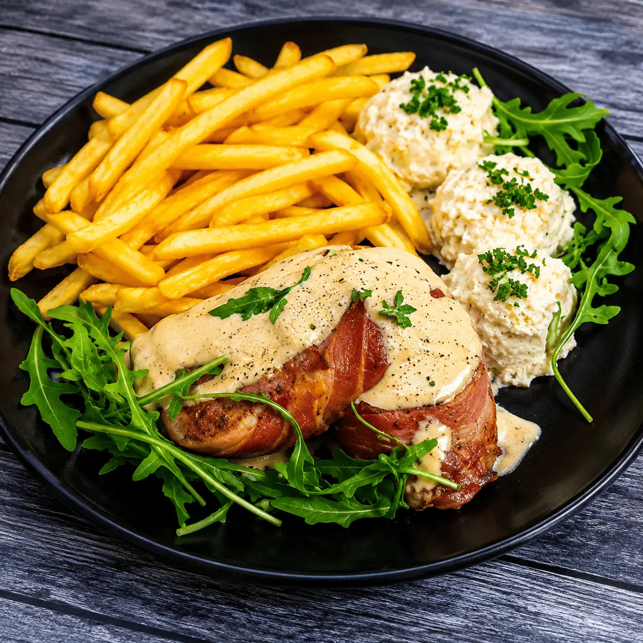 Bacon-wrapped chicken in creamy sauce with arugula, French fries, and mashed potatoes garnished with parsley on a black plate.