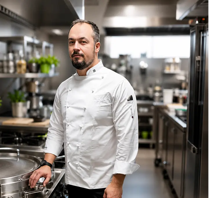 Chef in a white double-breasted jacket in a stainless-steel kitchen, facing the camera.