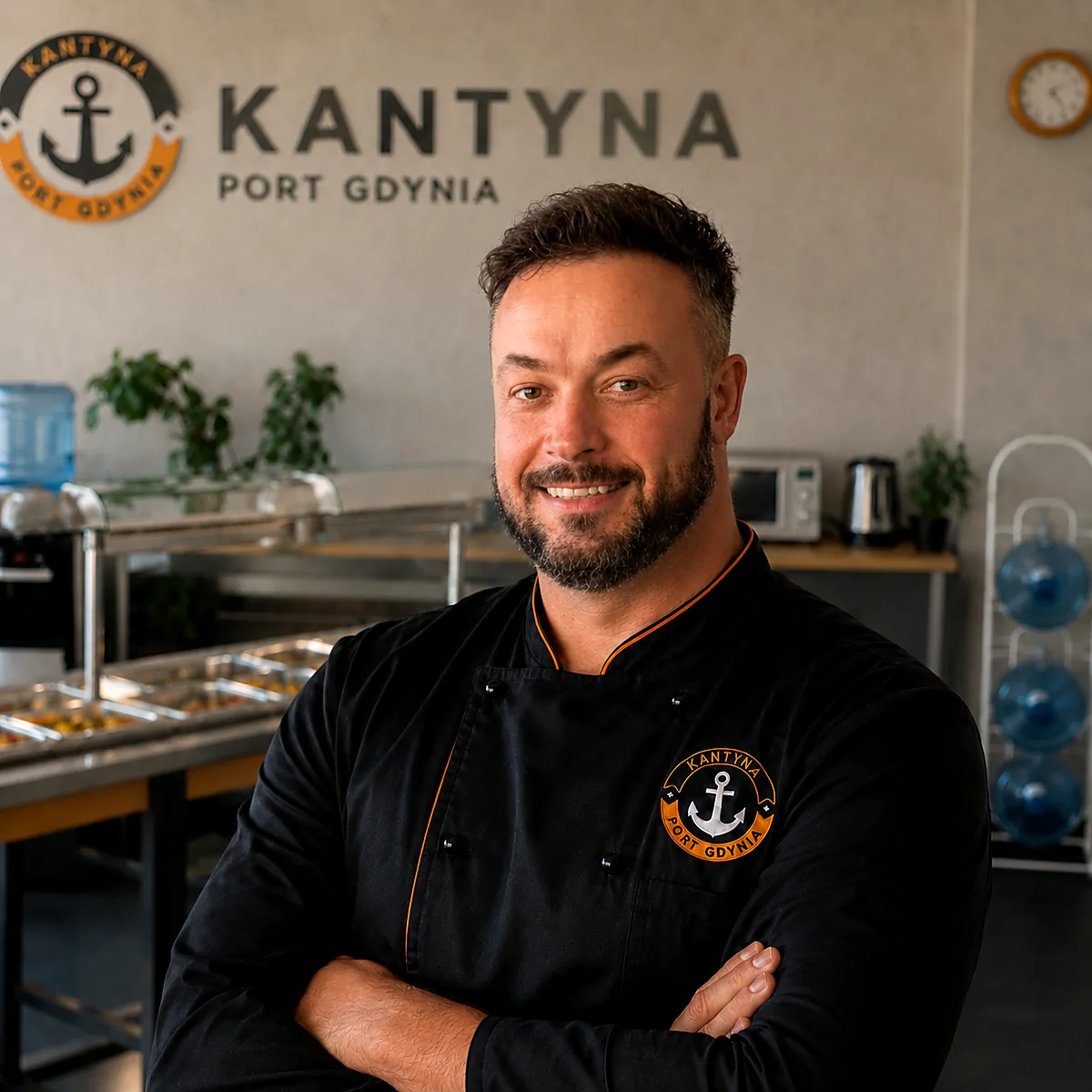 Michał waśniewski właściciel naszej kantyny Smiling male chef in a black uniform with orange trim standing in the kantyna port gdynia kitchen