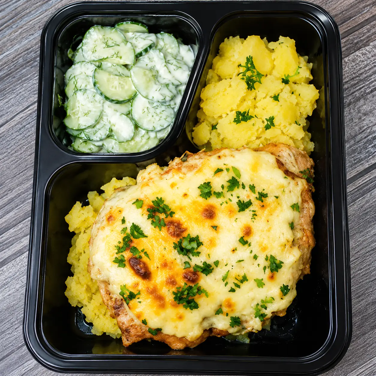 Bento box with cheesy baked chicken atop mashed potatoes and a side cucumber dill salad and parsley garnish over wooden table