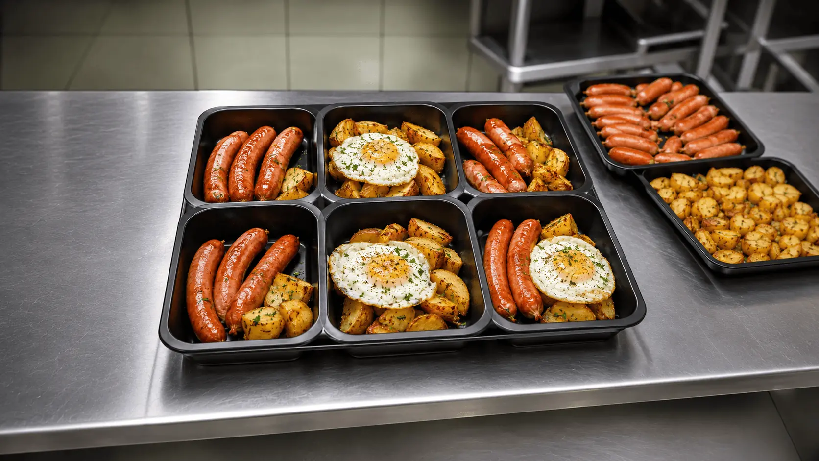 Posilkiregeneracyjnezkielbasajajkiemiziemniakami Tray of sausages roasted potatoes and sunny side eggs seasoned with herbs in a metal lunch tray in a kitchen