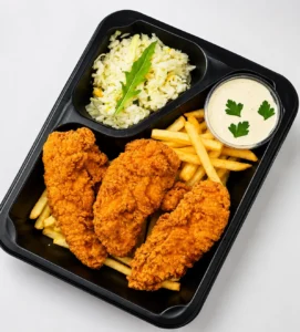 Wlascicielikucharznaszakantynagdynia Tray with crispy fried chicken tenders french fries coleslaw and a small cup of creamy dipping sauce garnished with parsley