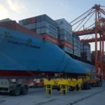 Blue cargo ship charlotte maersk at a port stacked containers on deck and large red gantry cranes overhead