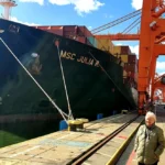 Large green container ship msc julia docked at a busy container terminal with orange gantry cranes overhead a person in a light jacket stands on the dock