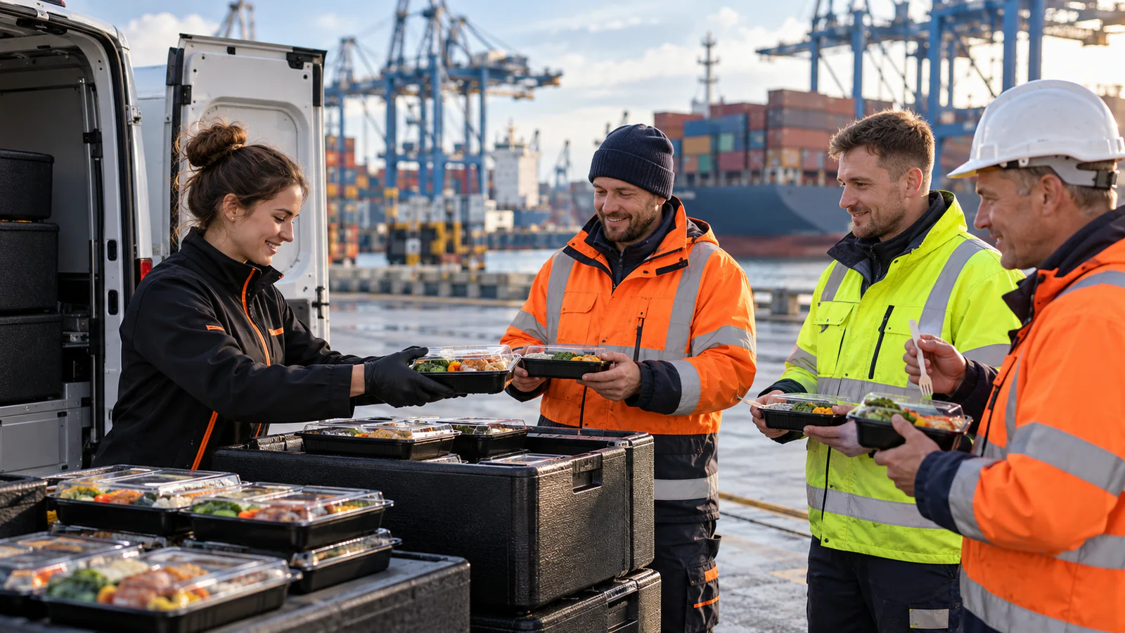 Naszakantynacateringdlapracownikowhero Workers in safety gear sharing prepared meals from lunch boxes at a port with stacked coolers and shipping containers in the background cranes overhead